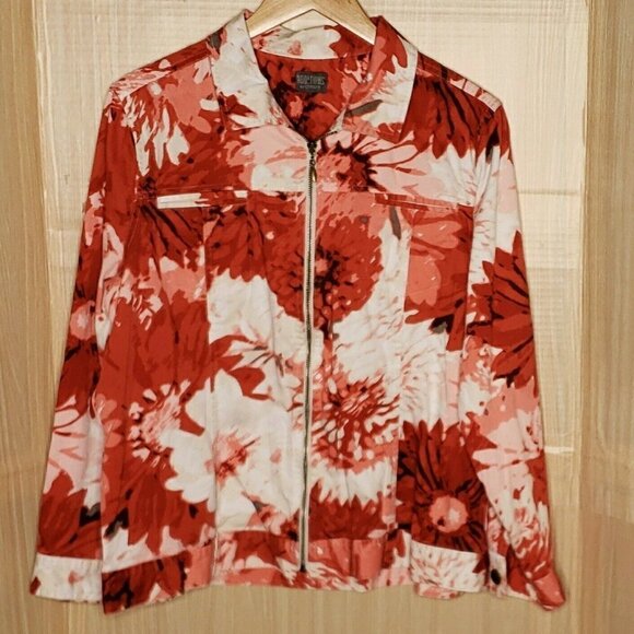 Chico's Womens Red Floral Lightweight Full Zip Jacket Medium - Picture 1 of 6